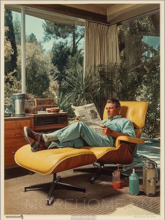 Một bức ảnh theo phong cách Fujifilm của một người đàn ông thư giãn trong một chiếc ghế kiểu Mid-Century...