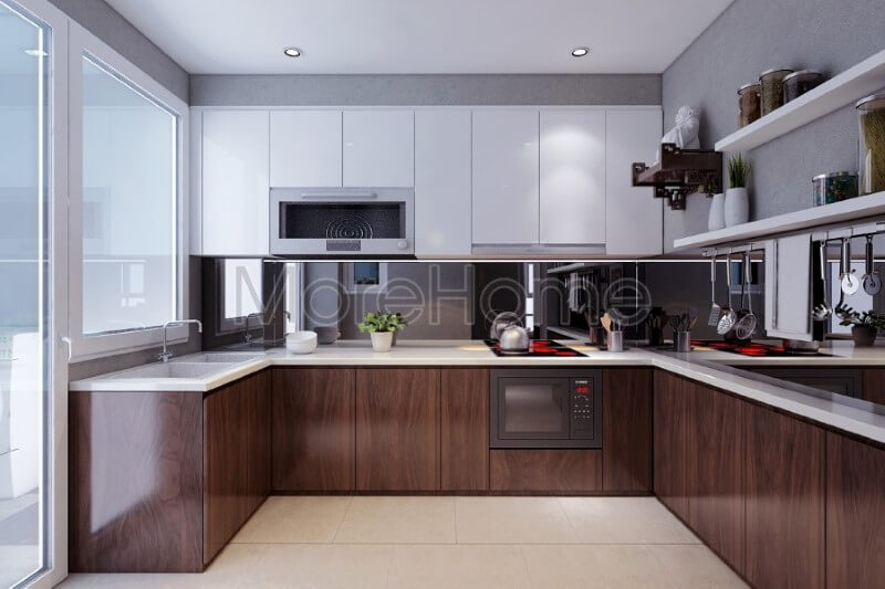 Mẫu tủ bếp chung cư được phân chia nhiều ngăn hợp lí, giúp cho gia chủ dễ dàng phân loại và lưu trữ đồ khô hay vật dụng nấu nướng Tủ bếp chung cư