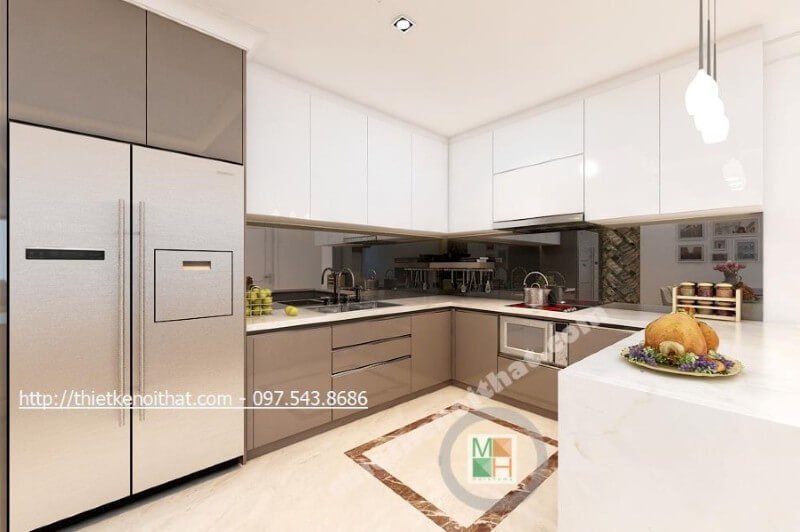 Tủ bếp đẹp được thiết kế theo kiểu dáng chữ u đầy mới lạ, các ngăn tủ được phân chia một cách khoa học giúp cho người nội trợ dễ dàng tạo cảm hứng hơn trong quá trình nấu nướng Tủ bếp chung cư