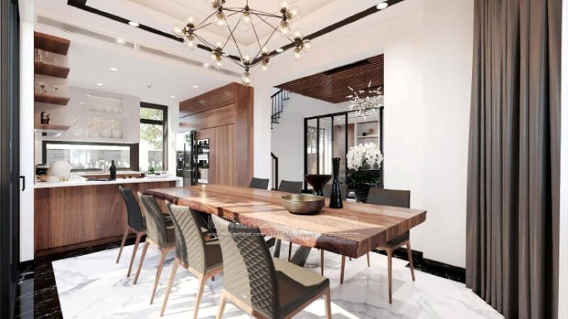 Sẽ là một gợi ý sáng tạo sẽ khiến bạn thích thú như trong mẫu thiết kế phòng bếp hiện đại biệt thự Vinhomes Imperia Hải Phòng trong đây, thiết kế kệ trang trí ở vị trí gần bàn ăn nhất giúp bạn lấy ly, chén một cách dễ dàng.