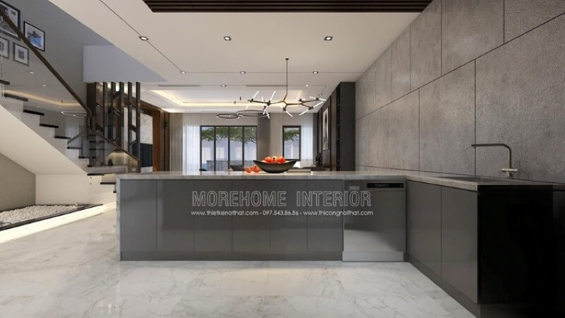 Thiết kế nội thất hiện đại đẹp, độc đáo với gam màu ghi nổi bật trong toàn không gian bếp từ bộ tủ bếp đảo gỗ acrylic sáng bóng được phủ bề mặt đá ốp sang trọng, gạch ốp tường giả bê tông.