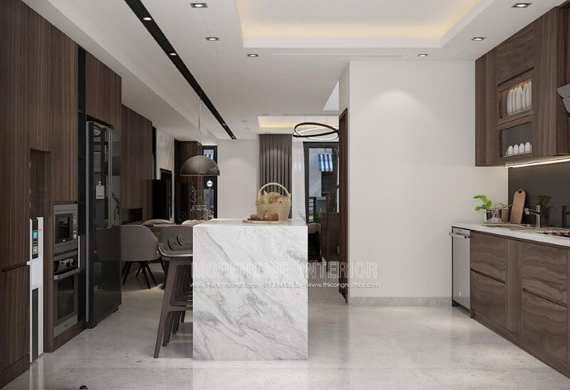 Sắp xếp phòng bếp đẹp ấn tượng từ phong cách hiện đại sang trọng.