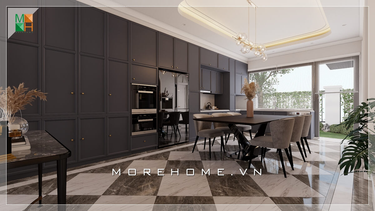 Thiết kế phòng bếp không gian mở sử dụng nguồn ánh sáng tự nhiên, tạo nên không gian sáng sủa, giúp bạn có thể vừa thưởng thức những bữa ăn ngon vừa ngắm nhìn thiên nhiên