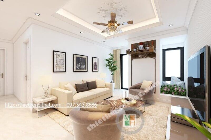 Thiết kế nội thất phòng khách chung cư hiện đại kết hợp cách bài trí đồ đạc khoa học, ngôi nhà vẫn thật rộng rãi, sáng sủa và thoáng đãng.