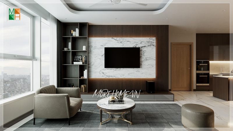 Chung cư thiết kế phòng khách không gian chính trong ngôi nhà nơi đón tiếp bạn bè tới chơi hay tụ họp các thành viên sau một ngày dài học tập và làm việc cùng nhau trò chuyện và chia sẻ.