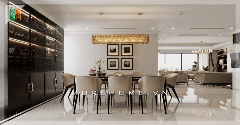 Mẫu thiết kế phòng ăn đầy sang trọng và hiện đại, phù hợp với các loại nhà biệt thự, nhà phố, chung cư. Đặc biệt, nó còn được trang bị đầy đủ các tiện nghi.