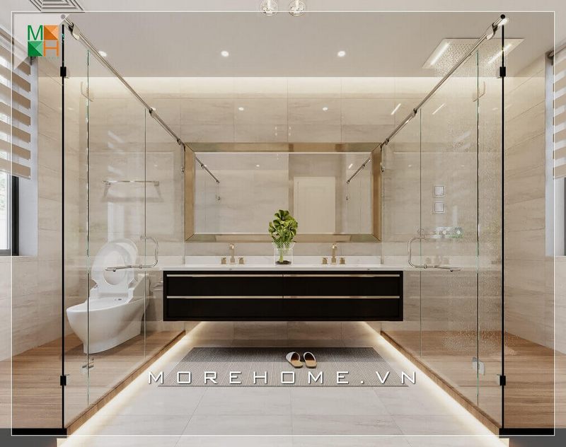 . Không gian nội thất của phòng tắm master được thiết kế với mức độ cao cấp, được bố trí khoa học với lavabo ở giữa. Hai bên là khu vệ sinh và khu tắm được ngăn cách bởi kính cường lực giúp hạn chế lưu lượng nước bắn ra ngoài, giúp sàn nhà luôn khô ráo sạch sẽ.